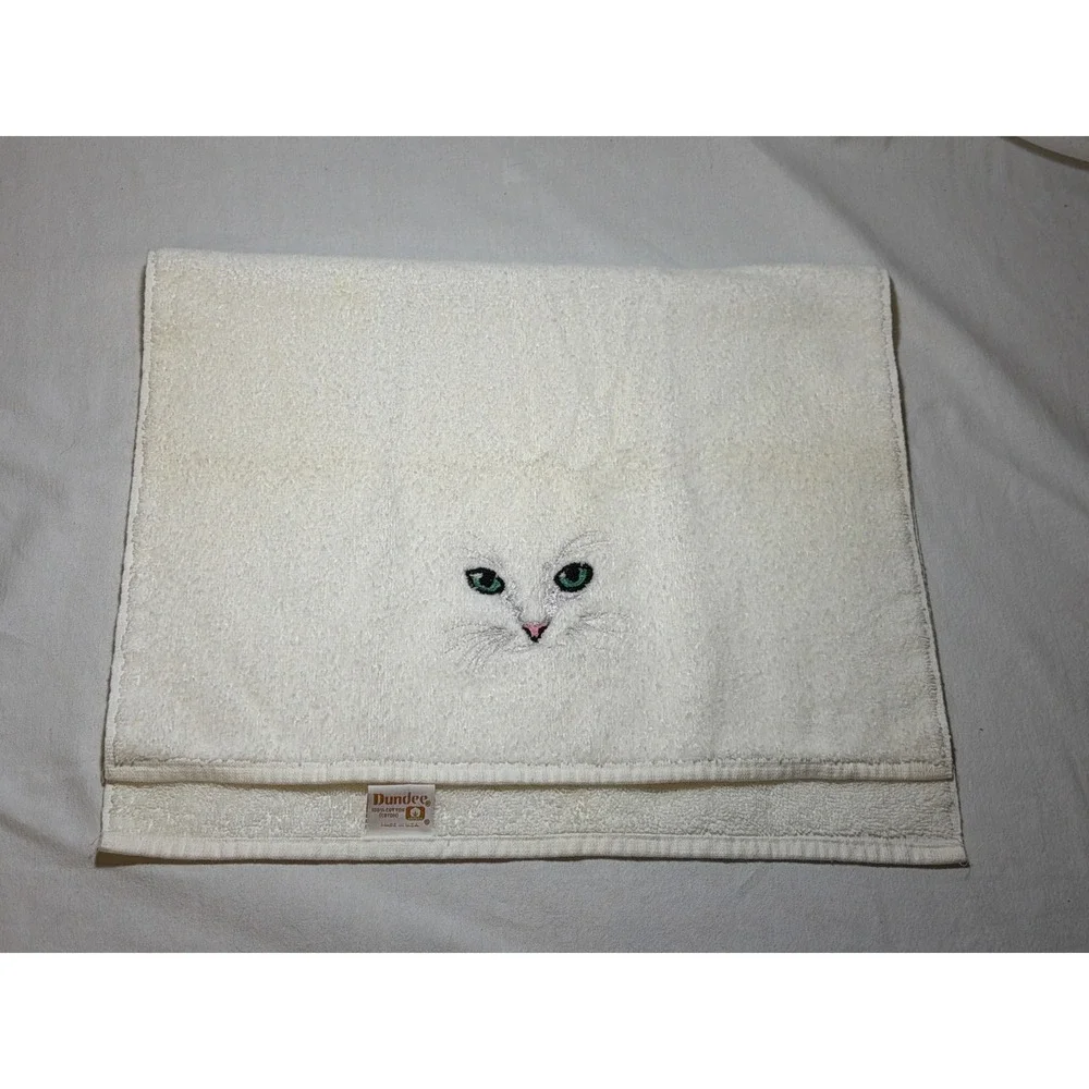 Vintage Dundee Jillian Rose Cat Towel‎ Set White Embroidered Cotton 3pc USA 80s